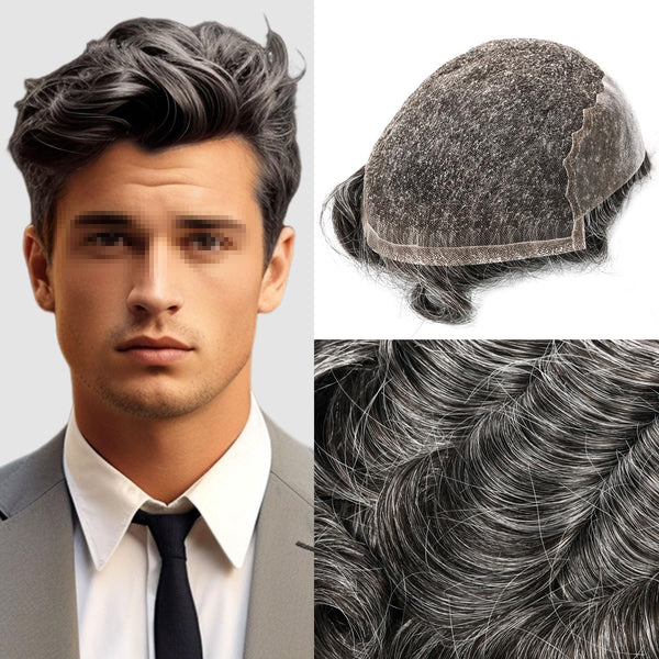 Sveitsisk blonder toupee for menn hårstykke europeisk humanhair erstatningssystem blonder front menn toupee blekepåde hårstykke. (320# mørkebrun med 20% grå, 6x8 "-100% lysmed-lys-tetthet)