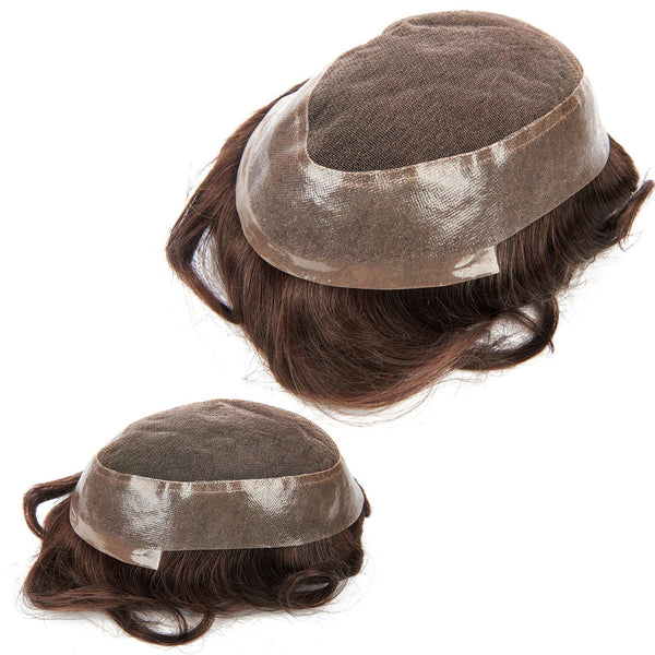 Generisk fransk blonder herre toupee poly pu rundt toupee for menn hår stykke europeisk menneskehår erstatningssystem (17# mørk aske blond, 7x9 ""-120% middels lys til middels tetthet)