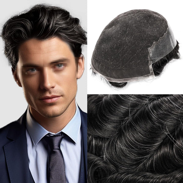Sveitsisk blonder toupee for menn hårstykke europeisk humanhair erstatningssystem blonder front menn toupee blekepåde hårstykke. (320# mørkebrun med 20% grå, 6x8 "-100% lysmed-lys-tetthet)