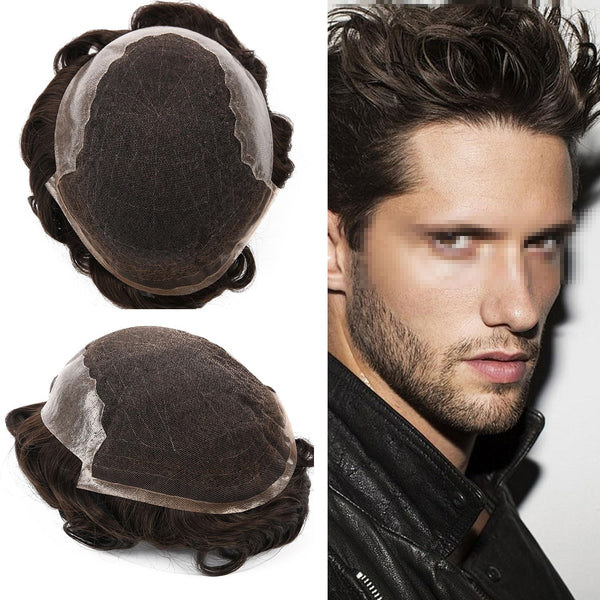 Sveitsisk blonder toupee for menn hårstykke europeisk humanhair erstatningssystem blonder front menn toupee blekepåde hårstykke. (320# mørkebrun med 20% grå, 6x8 "-100% lysmed-lys-tetthet)