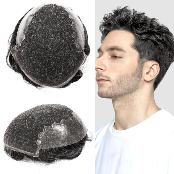 Sveitsisk blonder toupee for menn hårstykke europeisk humanhair erstatningssystem blonder front menn toupee blekepåde hårstykke. (320# mørkebrun med 20% grå, 6x8 "-100% lysmed-lys-tetthet)