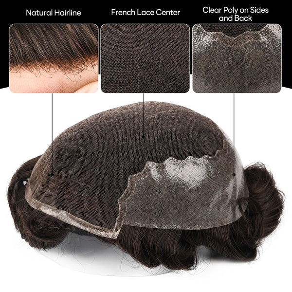 Sveitsisk blonder toupee for menn hårstykke europeisk humanhair erstatningssystem blonder front menn toupee blekepåde hårstykke. (320# mørkebrun med 20% grå, 6x8 "-100% lysmed-lys-tetthet)