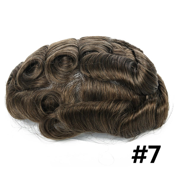 Toupee for menn hår erstatningssystem sveitsisk blonder menn toupee europeisk menneskehår hd blonder hårsystem poly hud pu rundt menn hårstykke. (Nr. 1 Jet Black, 7x9 "-100% Light Med-Light Density)