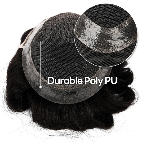 Toupee for menn hår erstatningssystem sveitsisk blonder menn toupee europeisk menneskehår hd blonder hårsystem poly hud pu rundt menn hårstykke. (Nr. 1 Jet Black, 7x9 "-100% Light Med-Light Density)