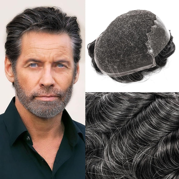 Sveitsisk blonder toupee for menn hårstykke europeisk humanhair erstatningssystem blonder front menn toupee blekepåde hårstykke. (320# mørkebrun med 20% grå, 6x8 "-100% lysmed-lys-tetthet)