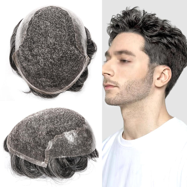 Sveitsisk blonder toupee for menn hårstykke europeisk humanhair erstatningssystem blonder front menn toupee blekepåde hårstykke. (320# mørkebrun med 20% grå, 6x8 "-100% lysmed-lys-tetthet)