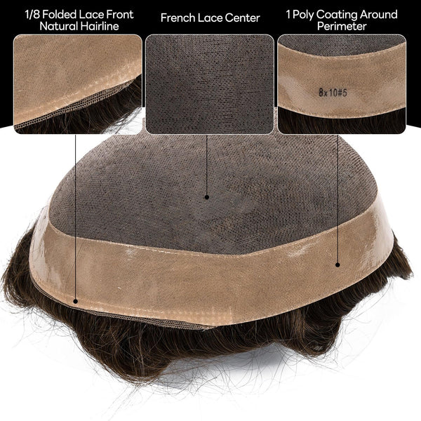 Generisk hårsystem for menn toupee fin mono hårstykke europeisk menneskehår erstatning npu hud rundt toupee for menn (5# middels lysebrun, 8x10 ""-120% middels lys til middels tetthet)