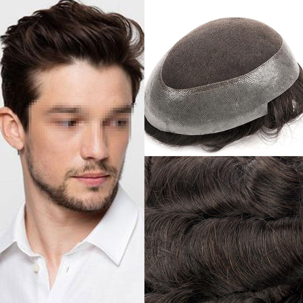 Blavzehair herre toupee sveitsiske blonder hårstykker europeiske humarhair erstatningssystem naturlig hårfestetuppe for menn lemmer med pu menn hårsystem. (1B# av svart, 6 "x9).