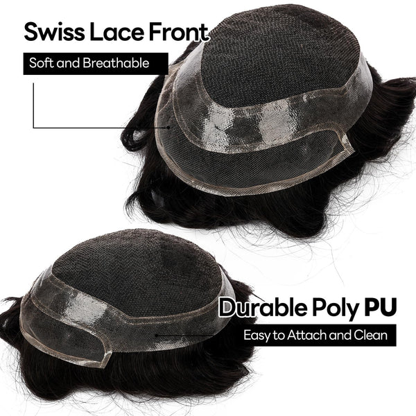 Toupee for menn hår erstatningssystem sveitsisk blonder menn toupee europeisk menneskehår hd blonder hårsystem poly hud pu rundt menn hårstykke. (Nr. 1 Jet Black, 7x9 "-100% Light Med-Light Density)