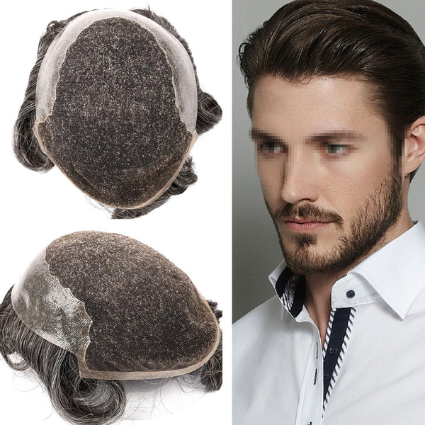 Sveitsisk blonder toupee for menn hårstykke europeisk humanhair erstatningssystem blonder front menn toupee blekepåde hårstykke. (320# mørkebrun med 20% grå, 6x8 "-100% lysmed-lys-tetthet)