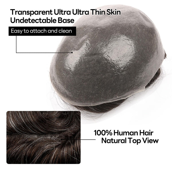 Menn toupee hårsystem menneskehår erstatning for menn 0,04 mm ultra tynn hud toupee for menn v-looped hårstykke (220# mørkest brun med 20% grå, 8x10 "-100% lys med-lys tetthet)