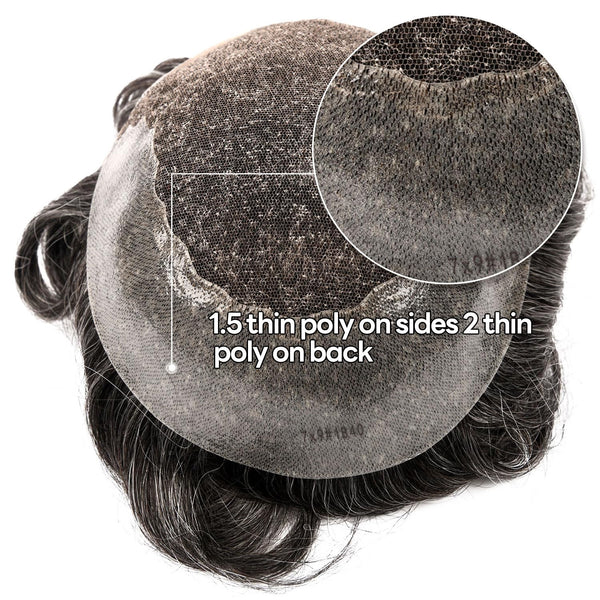 Sveitsisk blonder toupee for menn hårstykke europeisk humanhair erstatningssystem blonder front menn toupee blekepåde hårstykke. (320# mørkebrun med 20% grå, 6x8 "-100% lysmed-lys-tetthet)