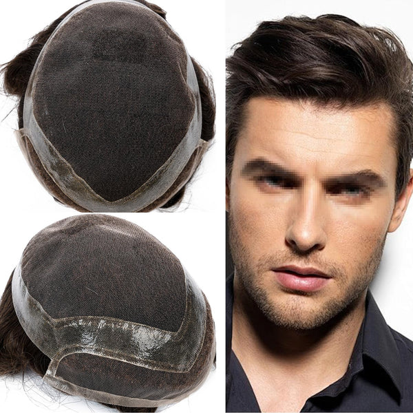 Toupee for menn hår erstatningssystem sveitsisk blonder menn toupee europeisk menneskehår hd blonder hårsystem poly hud pu rundt menn hårstykke. (Nr. 1 Jet Black, 7x9 "-100% Light Med-Light Density)