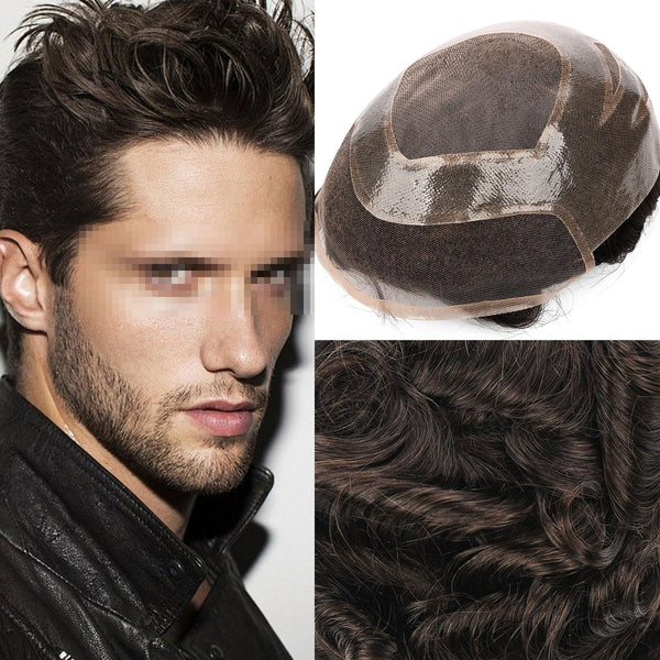 Generisk toupee for menn hårsystem fransk blonder front herre toupee europeisk menneskehår stykke fint mono hår erstatningssystem (3# mørkebrun, 8x10 ""-120% middels lys til middels tetthet)