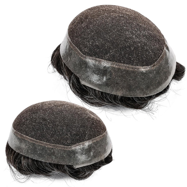 Blavzehair herre toupee sveitsiske blonder hårstykker europeiske humarhair erstatningssystem naturlig hårfestetuppe for menn lemmer med pu menn hårsystem. (1B# av svart, 6 "x9).