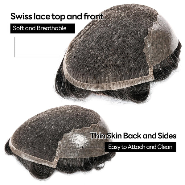 Sveitsisk blonder toupee for menn hårstykke europeisk humanhair erstatningssystem blonder front menn toupee blekepåde hårstykke. (320# mørkebrun med 20% grå, 6x8 "-100% lysmed-lys-tetthet)
