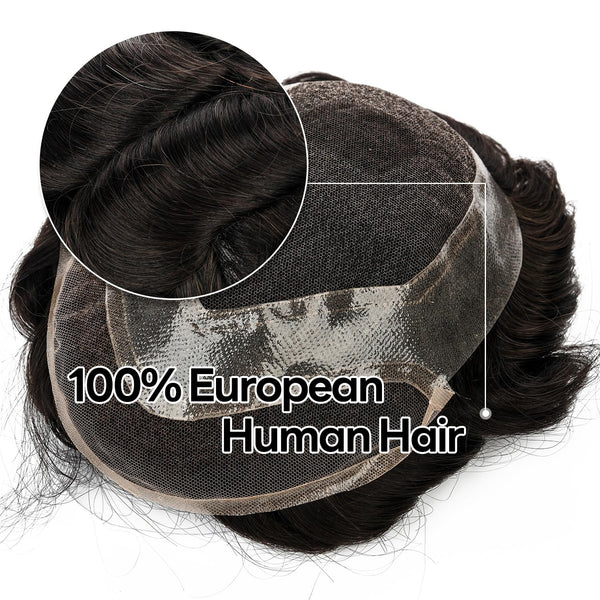 Toupee for menn hår erstatningssystem sveitsisk blonder menn toupee europeisk menneskehår hd blonder hårsystem poly hud pu rundt menn hårstykke. (Nr. 1 Jet Black, 7x9 "-100% Light Med-Light Density)