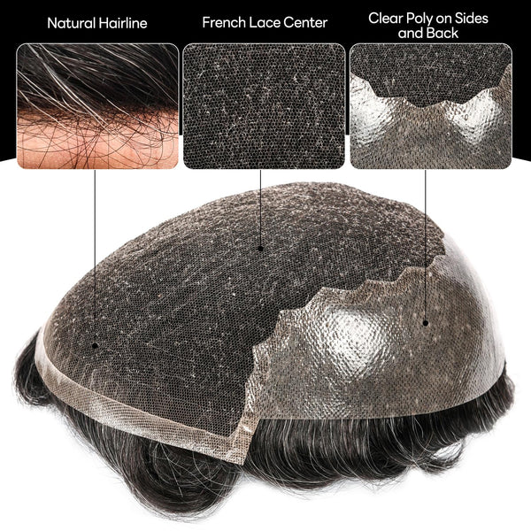 Sveitsisk blonder toupee for menn hårstykke europeisk humanhair erstatningssystem blonder front menn toupee blekepåde hårstykke. (320# mørkebrun med 20% grå, 6x8 "-100% lysmed-lys-tetthet)