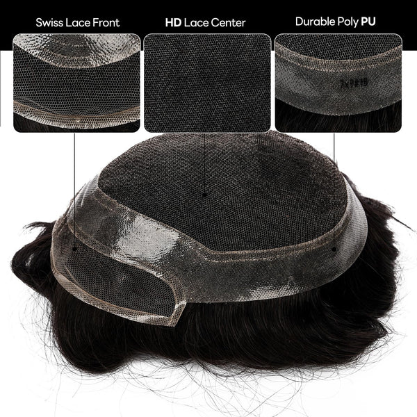 Toupee for menn hår erstatningssystem sveitsisk blonder menn toupee europeisk menneskehår hd blonder hårsystem poly hud pu rundt menn hårstykke. (Nr. 1 Jet Black, 7x9 "-100% Light Med-Light Density)