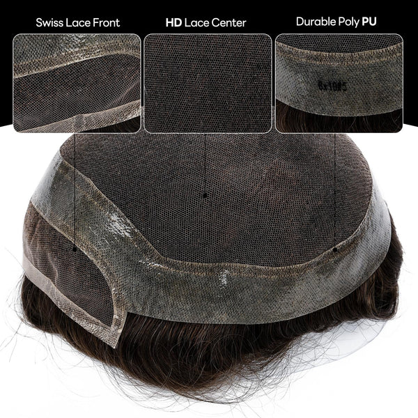Toupee for menn hår erstatningssystem sveitsisk blonder menn toupee europeisk menneskehår hd blonder hårsystem poly hud pu rundt menn hårstykke. (Nr. 1 Jet Black, 7x9 "-100% Light Med-Light Density)