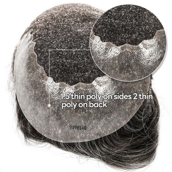 Sveitsisk blonder toupee for menn hårstykke europeisk humanhair erstatningssystem blonder front menn toupee blekepåde hårstykke. (320# mørkebrun med 20% grå, 6x8 "-100% lysmed-lys-tetthet)