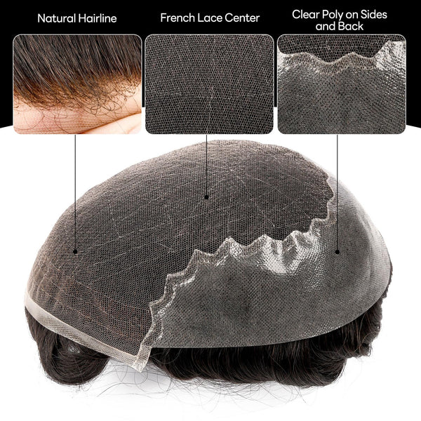 Sveitsisk blonder toupee for menn hårpiece europeisk humanhair erstatningssystem blonder front menn toupee blekemiddelnot hårstykke (310# mørkebrun med 10% grå, 8x10 "-100% lys med-lys tetthet)
