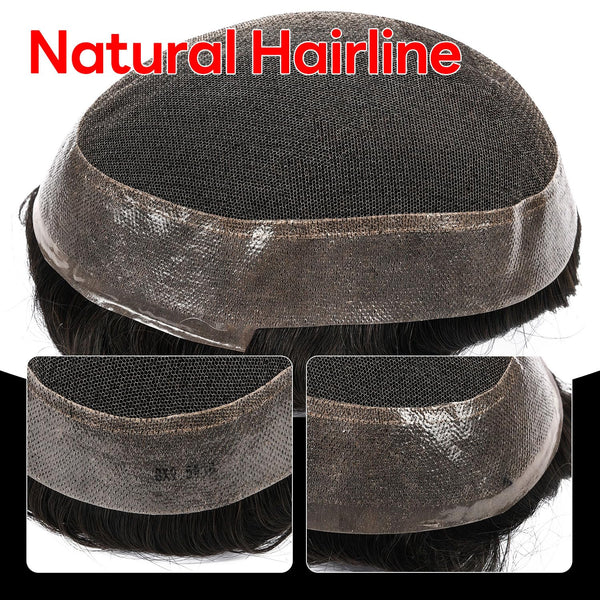 Blavzehair herre toupee sveitsiske blonder hårstykker europeiske humarhair erstatningssystem naturlig hårfestetuppe for menn lemmer med pu menn hårsystem. (1B# av svart, 6 "x9).
