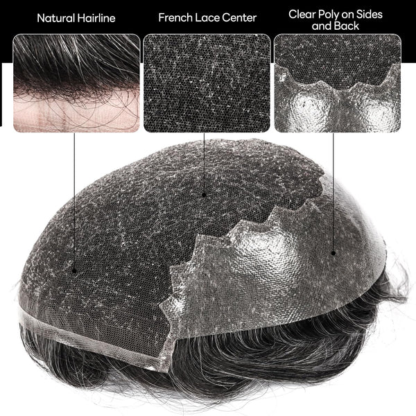 Sveitsisk blonder toupee for menn hårstykke europeisk humanhair erstatningssystem blonder front menn toupee blekepåde hårstykke. (320# mørkebrun med 20% grå, 6x8 "-100% lysmed-lys-tetthet)