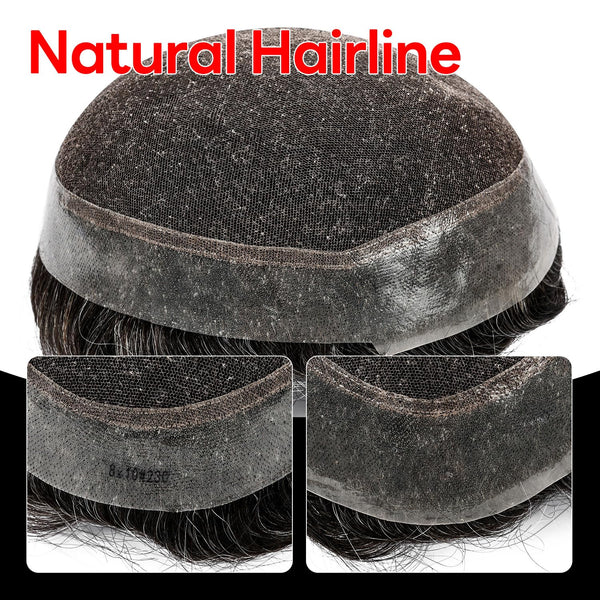 Blavzehair herre toupee sveitsiske blonder hårstykker europeiske humarhair erstatningssystem naturlig hårfestetuppe for menn lemmer med pu menn hårsystem. (1B# av svart, 6 "x9).