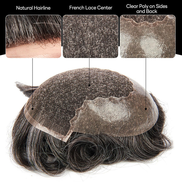 Sveitsisk blonder toupee for menn hårstykke europeisk humanhair erstatningssystem blonder front menn toupee blekepåde hårstykke. (320# mørkebrun med 20% grå, 6x8 "-100% lysmed-lys-tetthet)