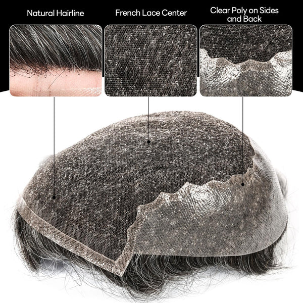 Sveitsisk blonder toupee for menn hårstykke europeisk humanhair erstatningssystem blonder front menn toupee blekepåde hårstykke. (320# mørkebrun med 20% grå, 6x8 "-100% lysmed-lys-tetthet)