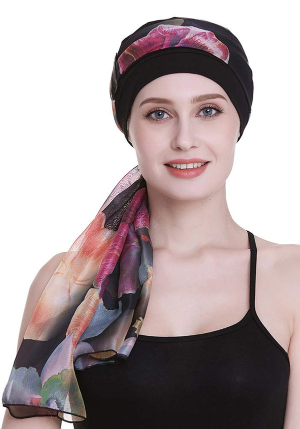 Elegant Chemo Cap With Silky Scarfs For Cancer Women Hair Loss Sleep Beanie