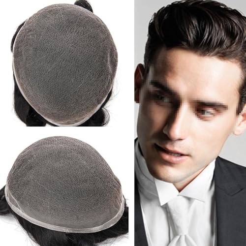 Mens Toupee Human Hair Piece Wigs Replacement System Full Swiss Lace Bleached Knot