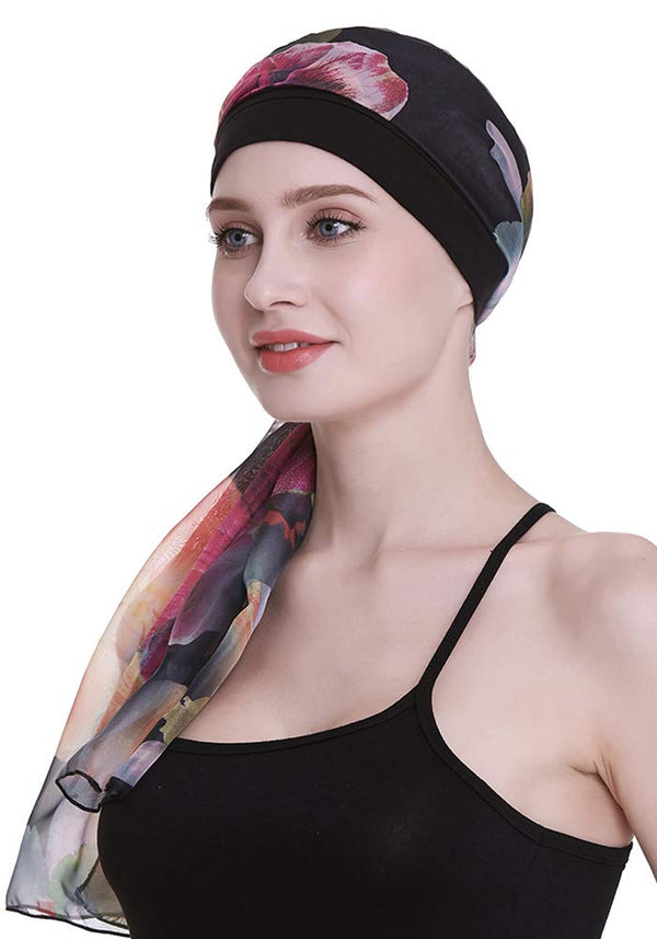 Elegant Chemo Cap With Silky Scarfs For Cancer Women Hair Loss Sleep Beanie