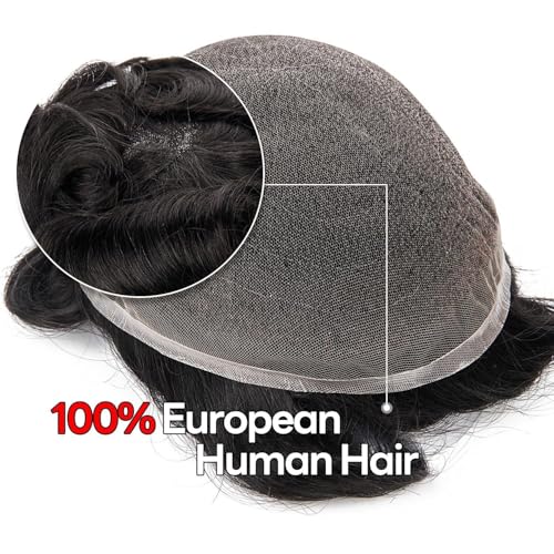 Mens Toupee Human Hair Piece Wigs Replacement System Full Swiss Lace Bleached Knot