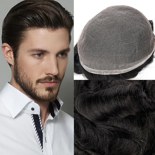 Mens Toupee Human Hair Piece Wigs Replacement System Full Swiss Lace Bleached Knot