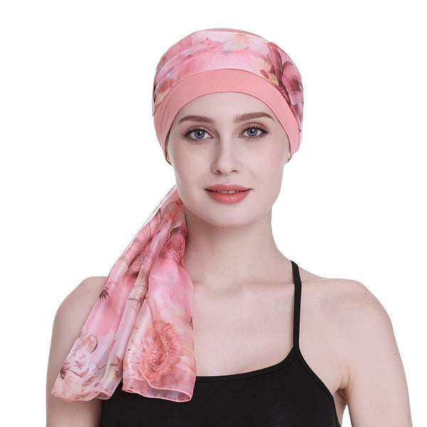Elegant Chemo Cap With Silky Scarfs For Cancer Women Hair Loss Sleep Beanie