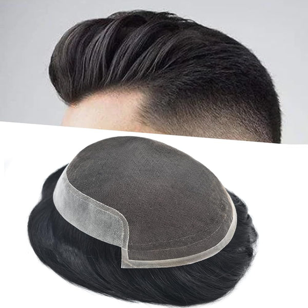 Toupee For Men Hair Replacement Systems Men Hair Systems French Lace Mens Toupee Human Hair Piece Bleached Knots Short Wavy (1B# Off Black,6X9-100% Medium light to medium density)