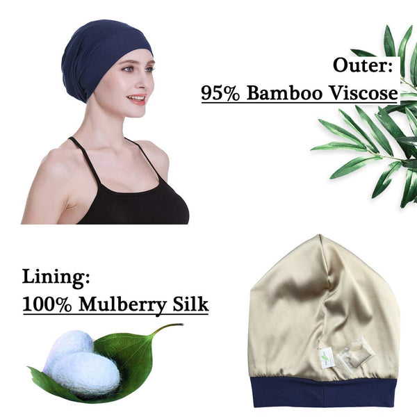 Silke satengforet søvnhette, indre 19mm 100% bulberry silke ytre bambus viskose natur pustende for hår