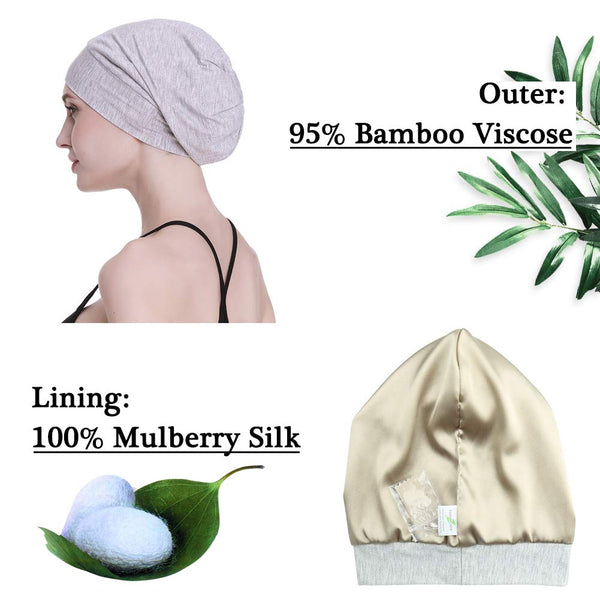 Silke satengforet søvnhette, indre 19mm 100% bulberry silke ytre bambus viskose natur pustende for hår