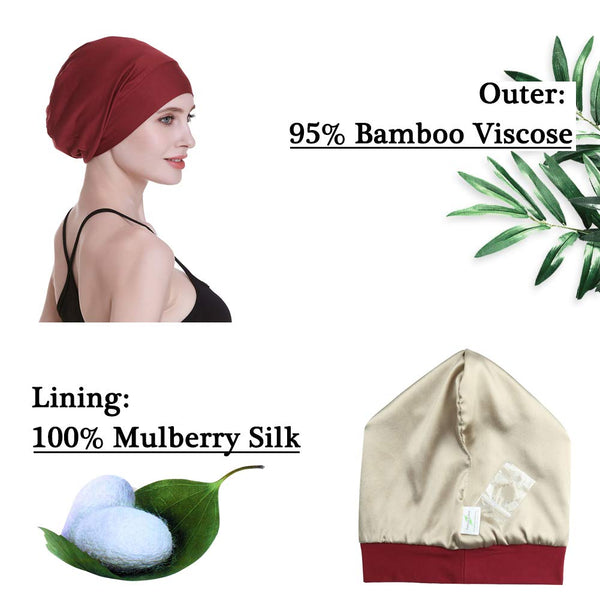 Silke satengforet søvnhette, indre 19mm 100% bulberry silke ytre bambus viskose natur pustende for hår