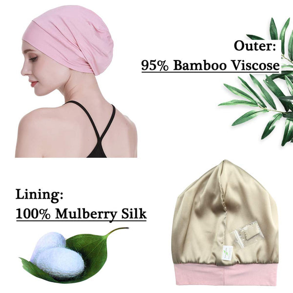 Silke satengforet søvnhette, indre 19mm 100% bulberry silke ytre bambus viskose natur pustende for hår