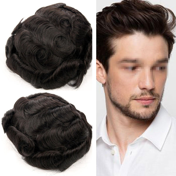Menn toupee hårsystem Ultra tynn hudhårstykke europeisk menneskehår erstatning 0,02-0,10 mm v-loop toupee for menn. (2# Darkest Brown, 8x10-0.06mm-0.08mm V-loop)