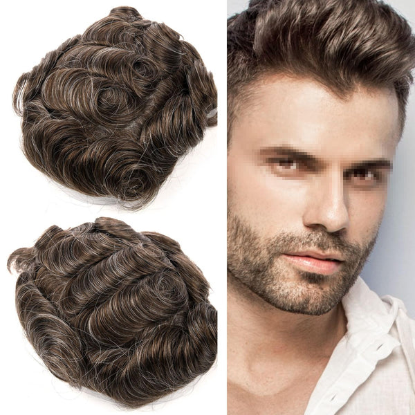 Menn toupee hårsystem Ultra tynn hudhårstykke europeisk menneskehår erstatning 0,02-0,10 mm v-loop toupee for menn. (2# Darkest Brown, 8x10-0.06mm-0.08mm V-loop)