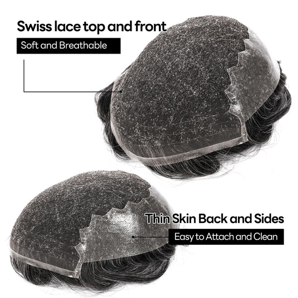 Swiss Lace Toupee for Men Hairpiece European Humanhair Replacement System Lace Front Men Toupee BleachedKnot Hairpiece. (320# Dark Brown with 20% Grey, 6x8"-100% Light Med-Light Density)