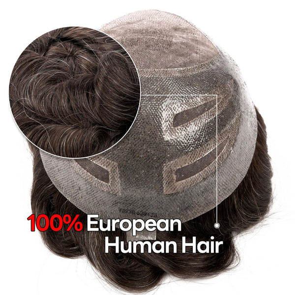 Toupee for menn hårsystem fransk blonder foran menn toupee europeisk menneskehår stykke fint mono hår erstatningssystem (320# mørkebrun med 20% syntetisk grå, 8x10 "-120% middels lys til middels tetthet)