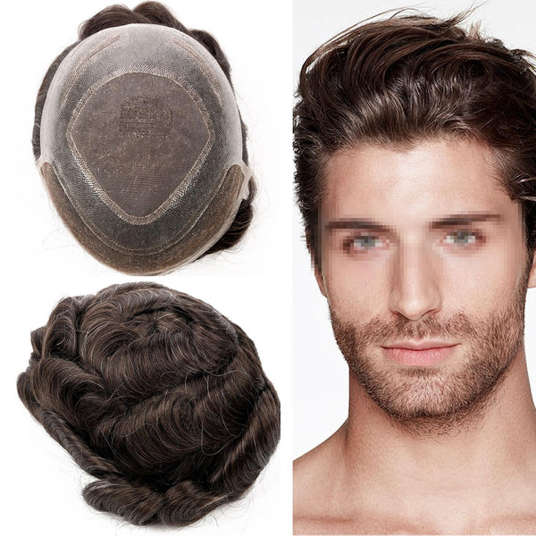 Toupee for menn hårsystem fransk blonder foran menn toupee europeisk menneskehår stykke fint mono hår erstatningssystem (320# mørkebrun med 20% syntetisk grå, 8x10 "-120% middels lys til middels tetthet)