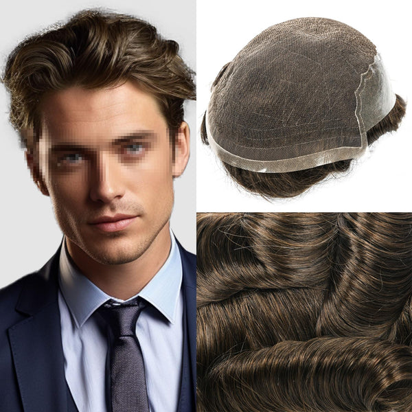 Swiss Lace Toupee for Men Hairpiece European Humanhair Replacement System Lace Front Men Toupee BleachedKnot Hairpiece. (320# Dark Brown with 20% Grey, 6x8"-100% Light Med-Light Density)