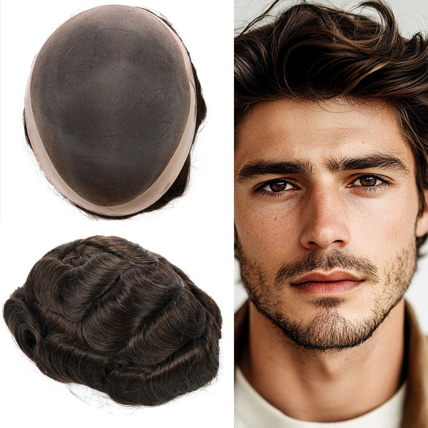 Generic Hair System For Men Toupee Fine Mono Hair Piece European Human Hair Replacement NPU Skin Around Toupee For Men (5# Medium Light Brown, 8x10""-120% Medium Light to Medium Density)