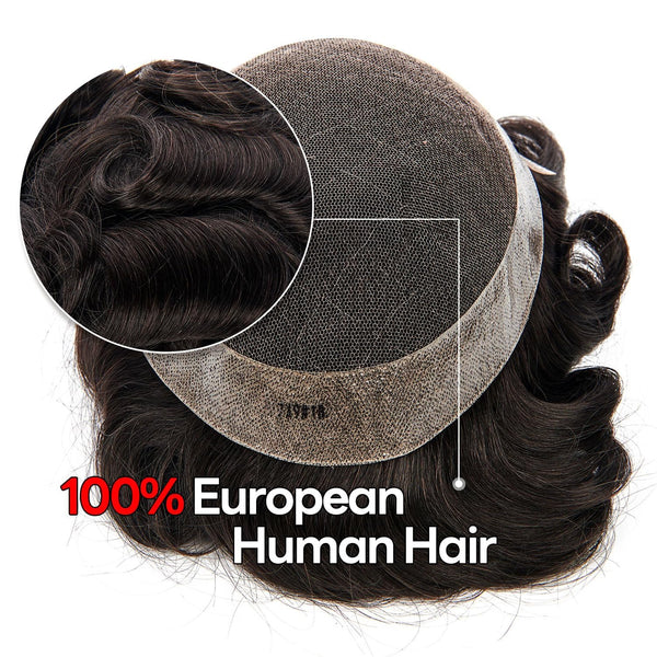 Toupee For Men Hair Replacement Systems Men Hair Systems French Lace Mens Toupee Human Hair Piece Bleached Knots Short Wavy (1B# Off Black,6X9-100% Medium light to medium density)